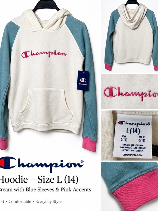 Champion Other - Champion GIRLS Large Hoodie Cream and Teal with Pink Accents, Embroidered Logo,